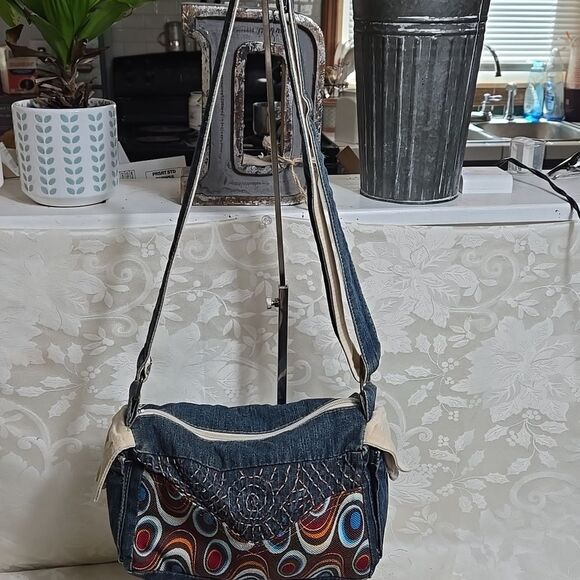 Butterfly Denim Shoulder Bag with  Multicolor Accents - Picture 2 of 8